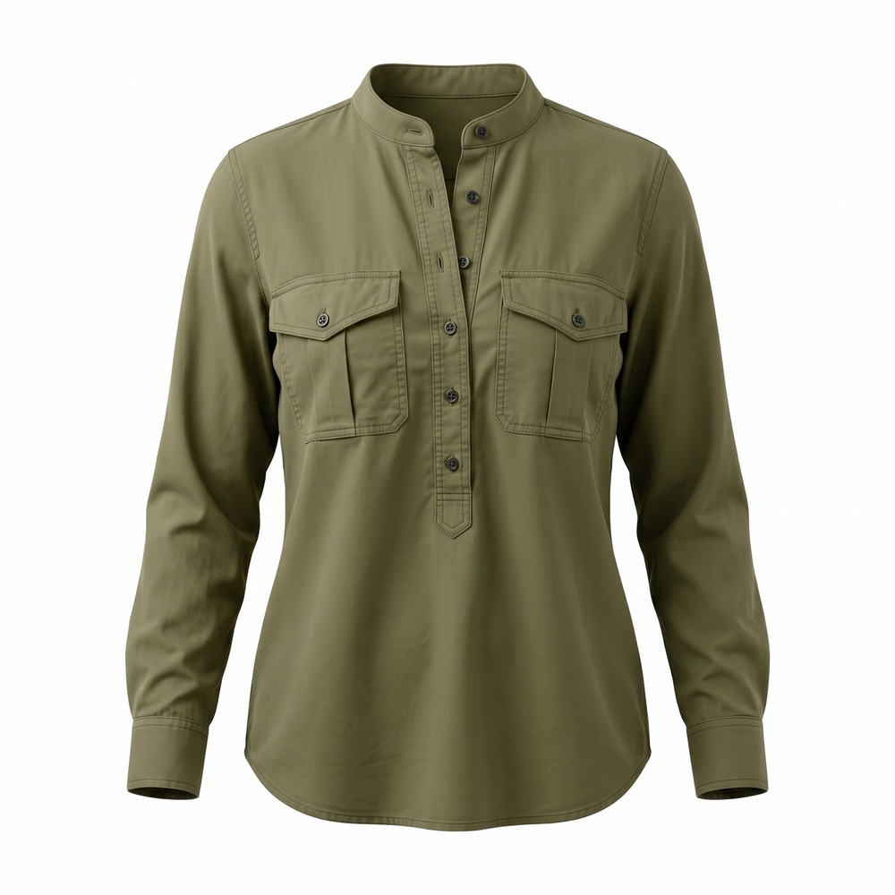 Joseph Pierce Military Button Up Top 36 Olive Green Cotton Utility Band Collar